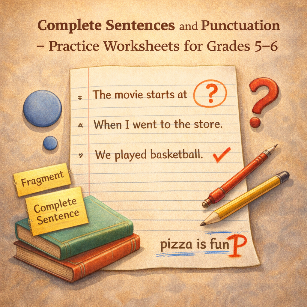 Complete Sentences and Punctuation Worksheet (Grade 5–6)